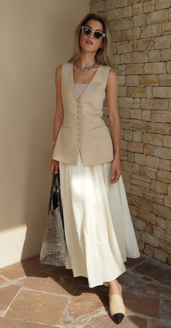 Sleeveless blazer with long skirt