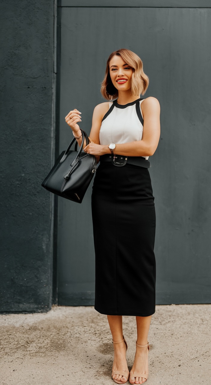 Black skirt with white top