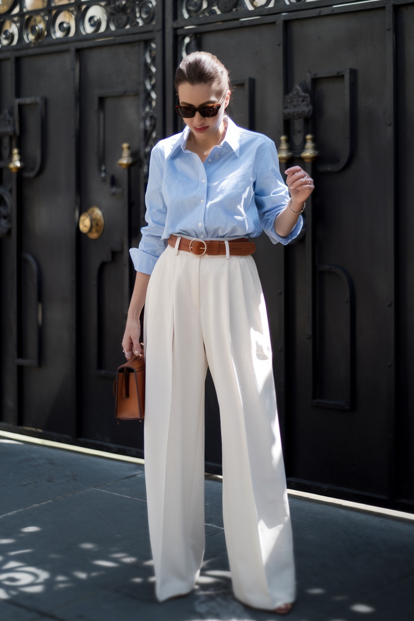Blue shirt with high-waisted cream trousers and brown belt