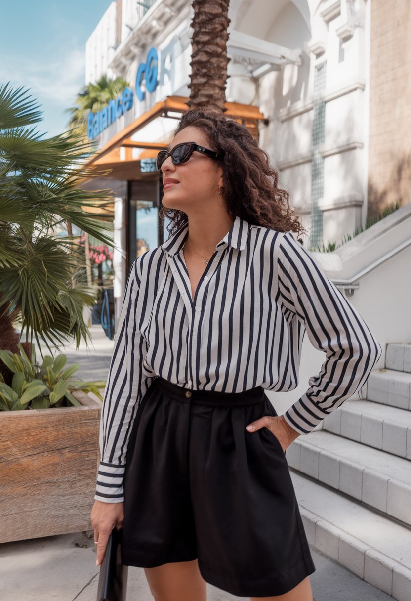 Striped shirt with black shorts and sunglasses