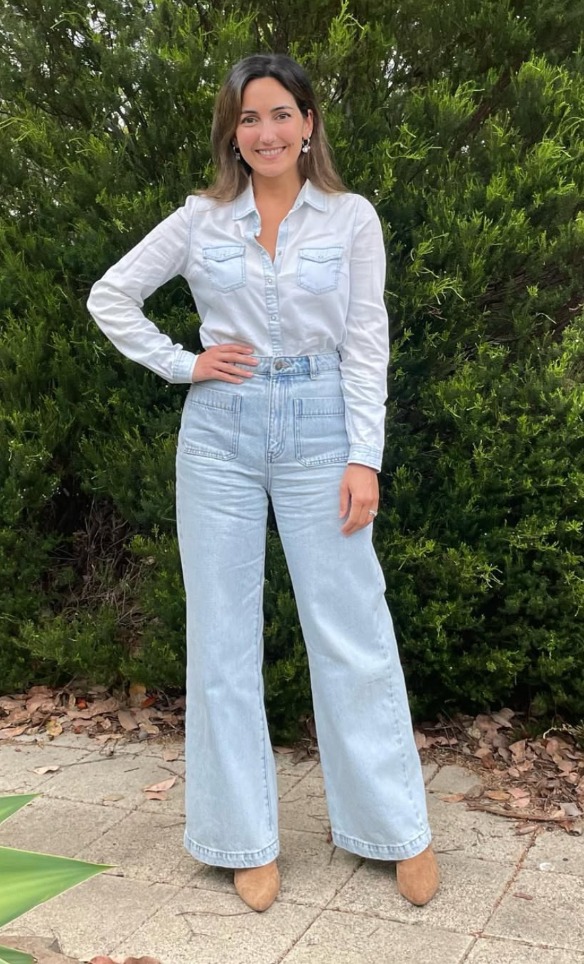 Light wash denim shirt and jeans with tan boots