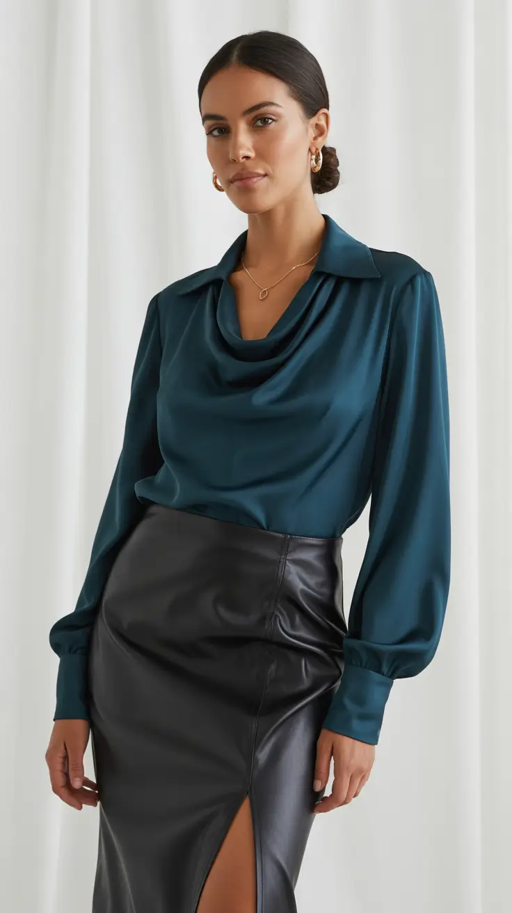 Satin teal blouse with black leather skirt