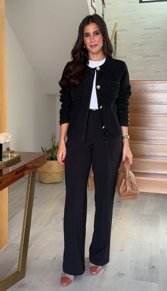Black jacket with wide-leg trousers