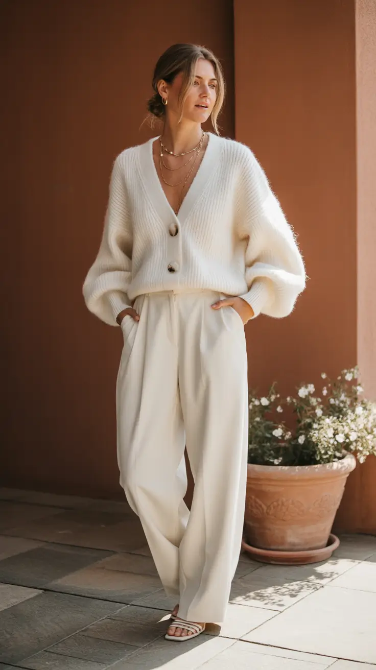 Cozy knit cardigan with tailored trousers