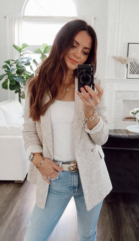 Textured blazer with denim jeans