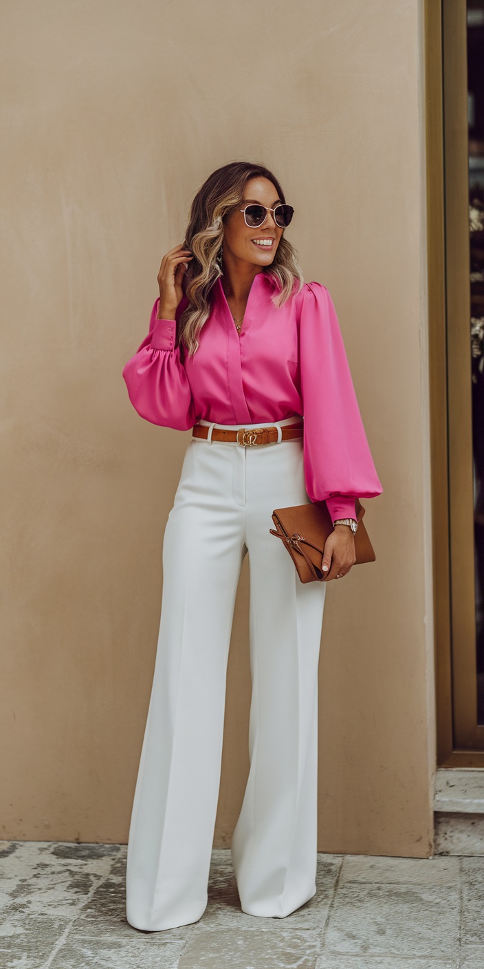 Pink blouse with white wide-leg pants