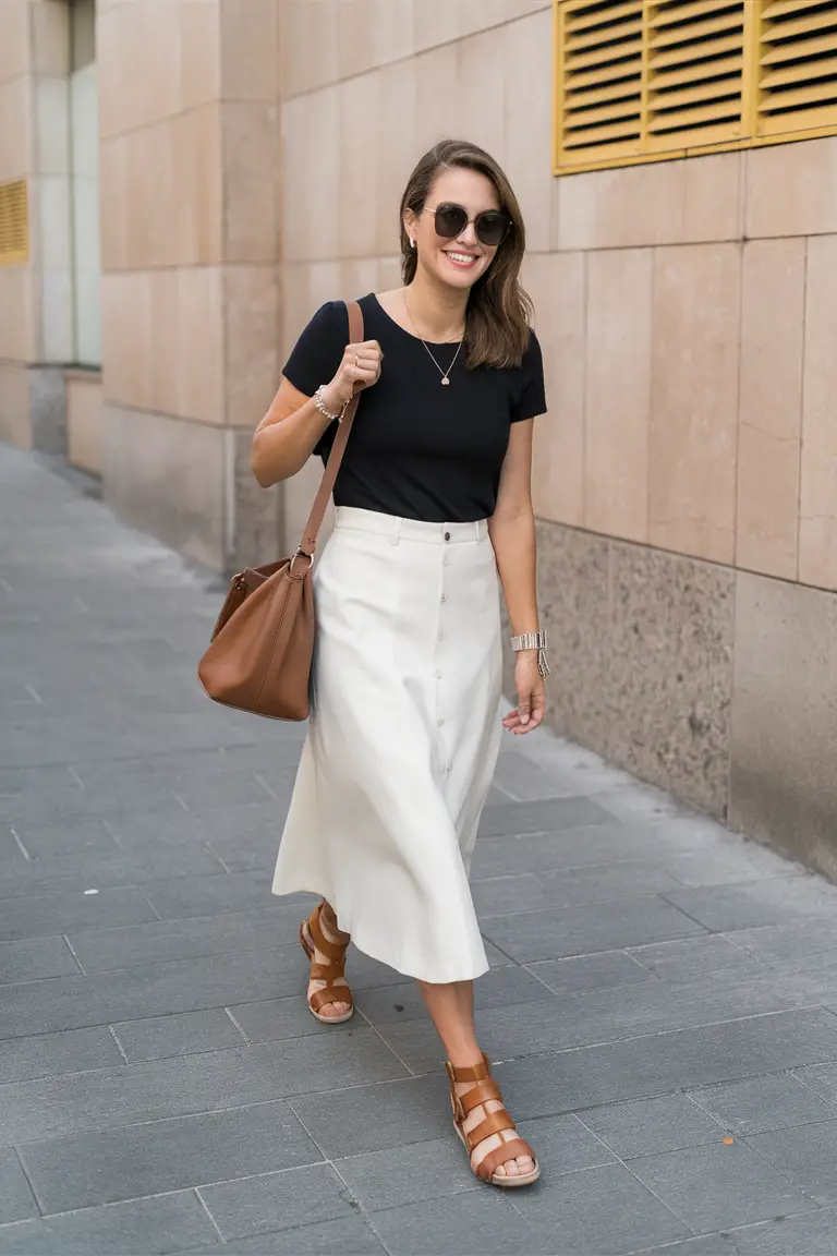 Black tee with white midi skirt