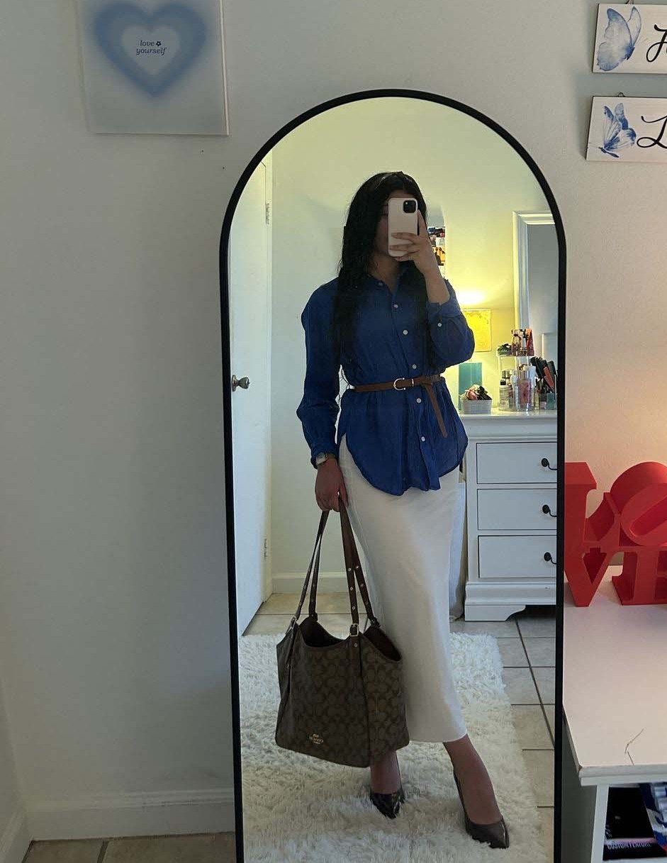 Denim shirt with white pencil skirt
