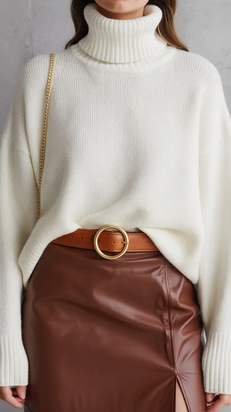 White turtleneck with brown leather skirt