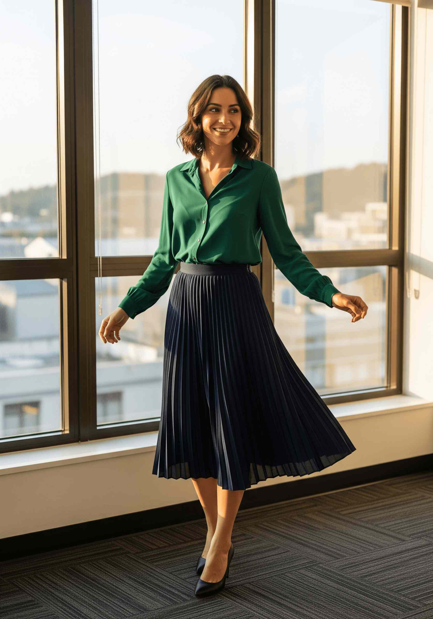 Green blouse with navy pleated skirt