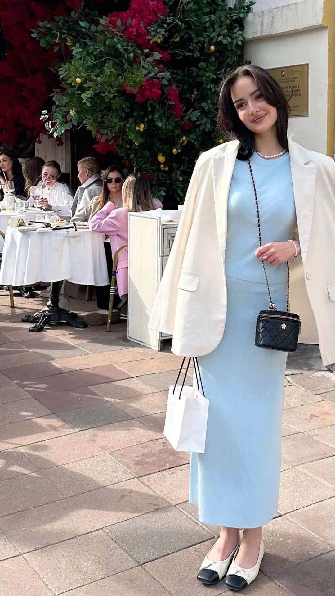 Blue dress with cream blazer