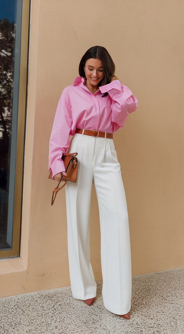Pink shirt with white trousers
