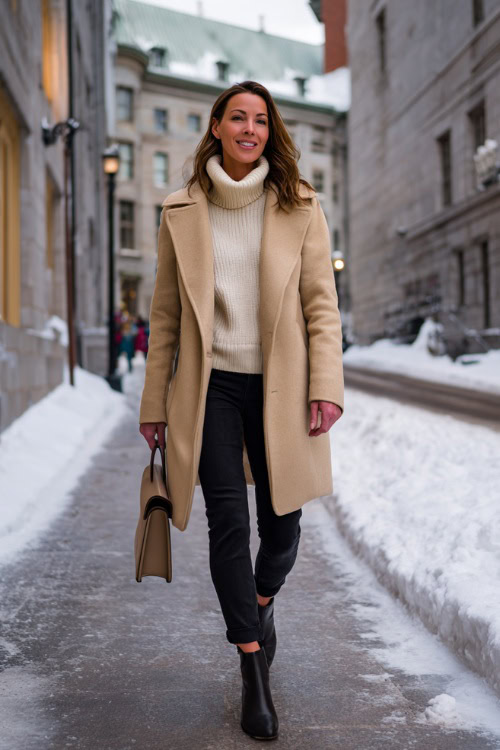 Cream coat over black outfit