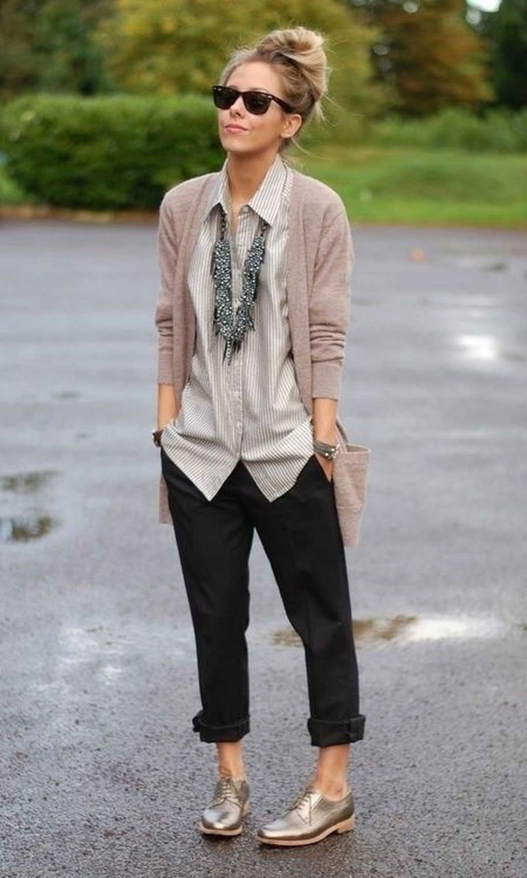Cardigan with striped shirt and trousers