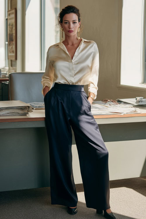 Silk blouse with navy trousers