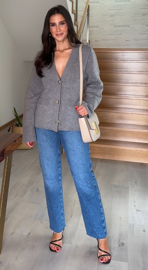 Gray cardigan with jeans and heels