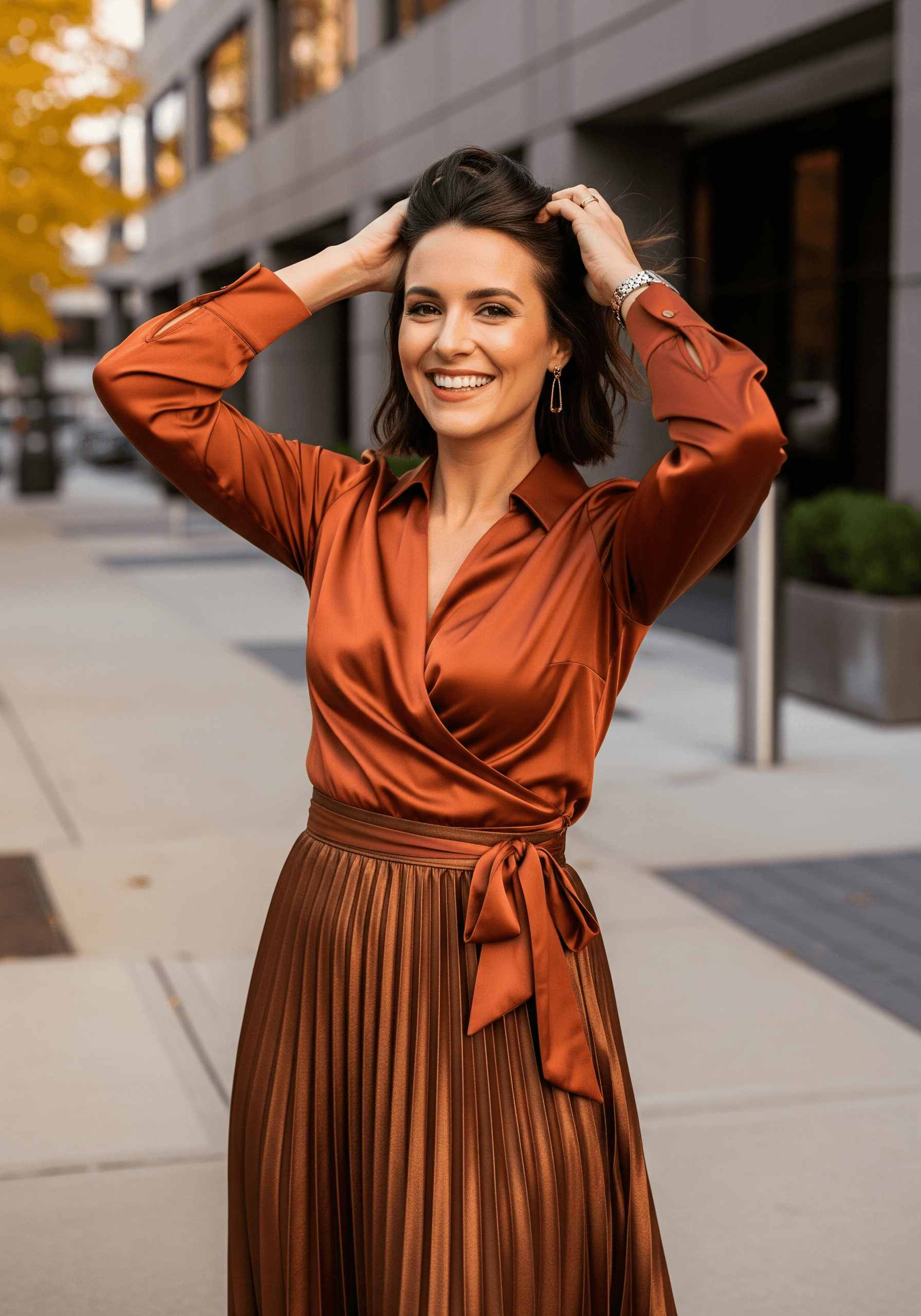 Satin wrap top with pleated skirt