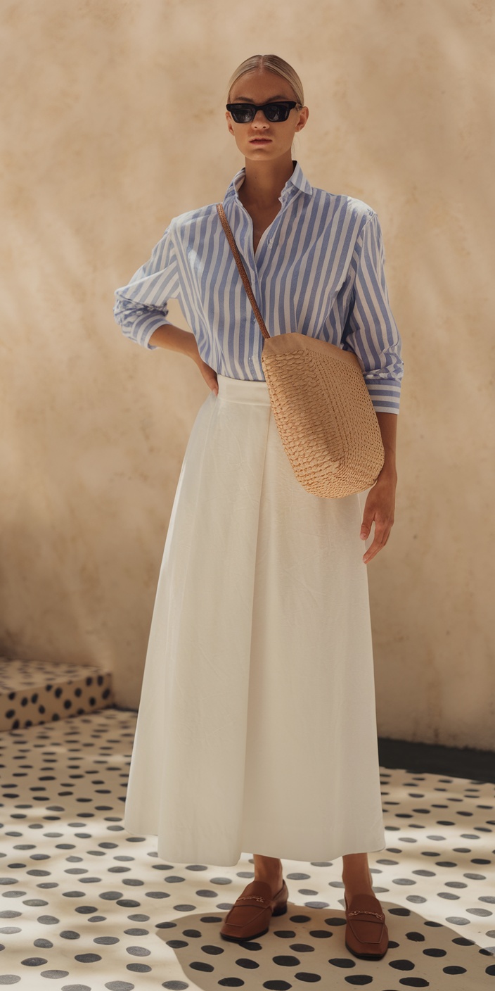 Striped shirt with white midi skirt